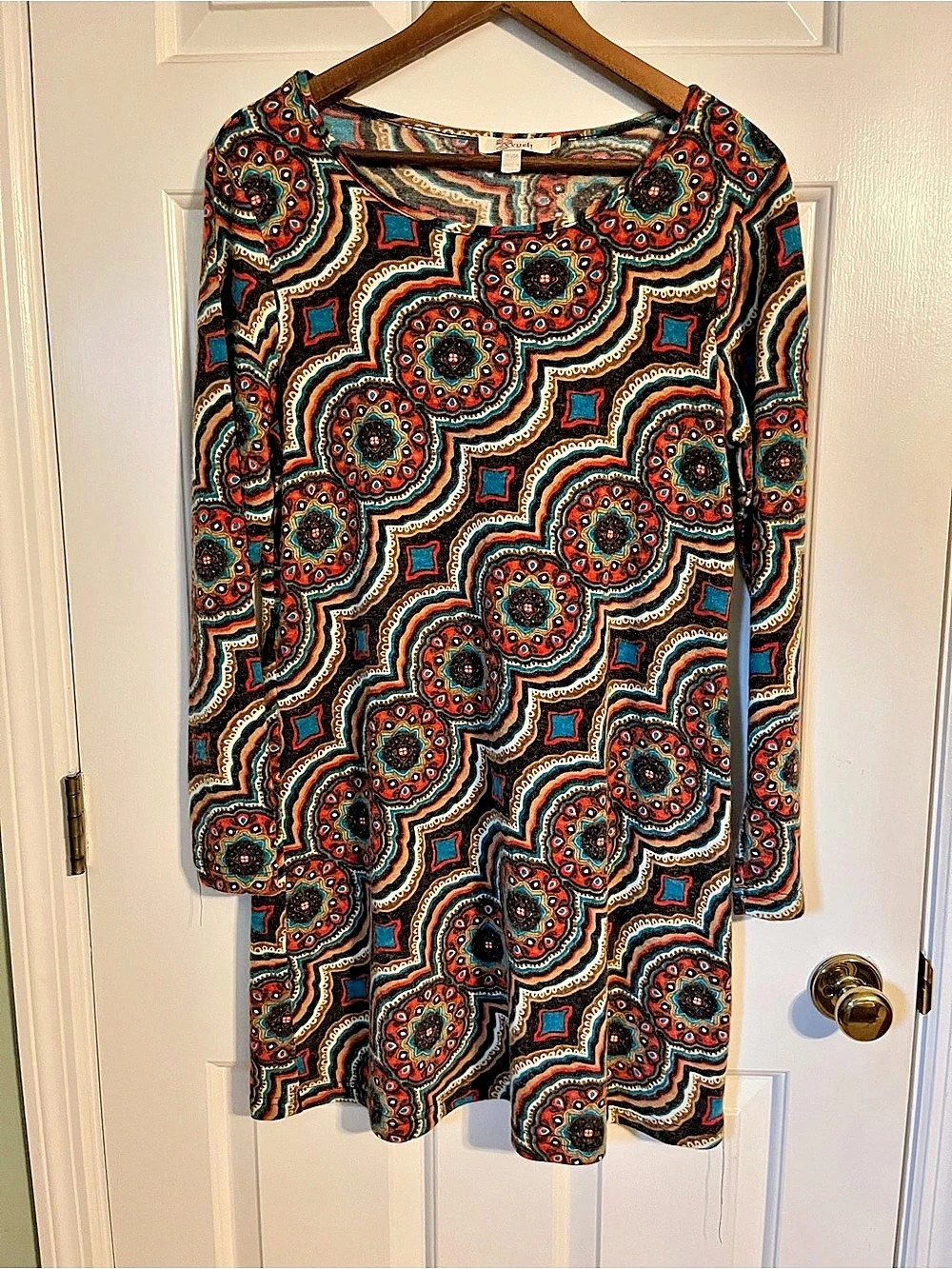 Aryeh Geometric Long Sleeve Mini Dress in Black & Red Size Large